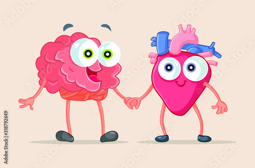 Heart and Brain Being Friends Vector Cartoon