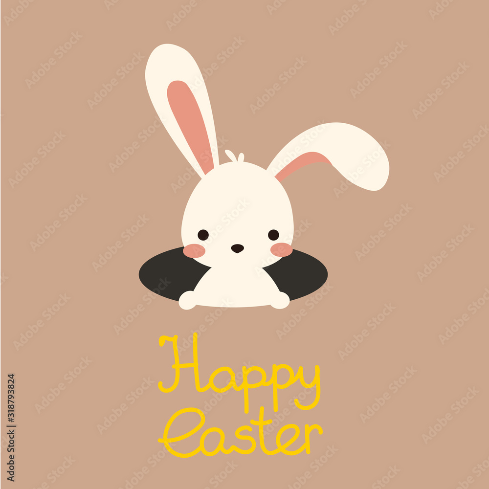 Obraz premium Cute kawaii cartoon flat vector easter white bunny face in hole with hand writing lettering - Happy easter