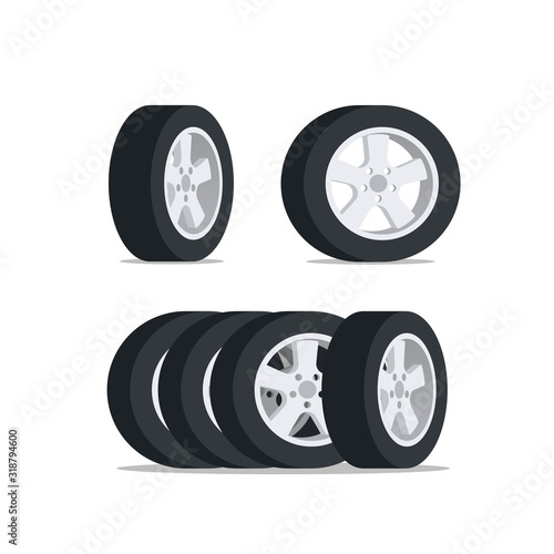 Set car wheel icon. Tyre car. Stack of new car tires and wheels. Vector illustration in flat style.