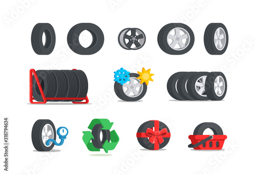 Car tires icon set. Color tyres in flat style. Сoncept for service or store. Isolated vector illustration.