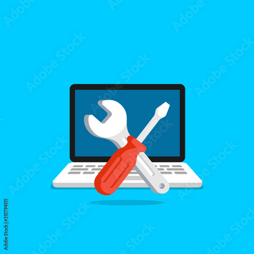 Computer repair service concept. Technical support. Wrench and screwdriver on screen laptop. Isolated vector illuatration in flat style.