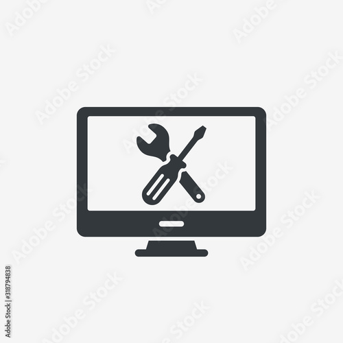 Computer repair service icon. Technical support. Wrench and screwdriver on screen pc. Isolated vector illuatration in flat style.