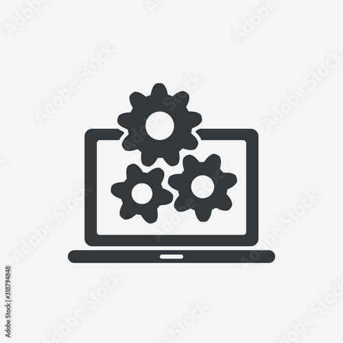 Technical support icon. Computer service. Gears screen laptop. Isolated vector illuatration in flat style.