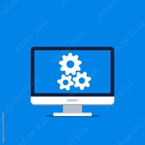 Technical support concept. Computer service. Gears screen descktop. Isolated vector illuatration in flat style.