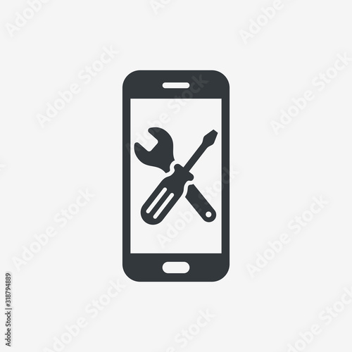 Phone repair concept. Smartphone maintenance. Wrench and screwdriver on mobile phone screen. Vector illustration in flat design.