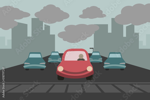 Alternative fuel and sustainable energy concept. Green vehicle or eco-friendly electric car. Harmful toxic air pollution. Vehicle emissions control. Happy driver against traffic jams on the city road.