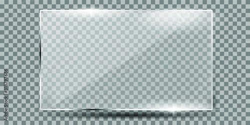 Glass plate on transparent background. Acrylic and glass texture with glares and light. Realistic transparent glass window in rectangle frame. Vector