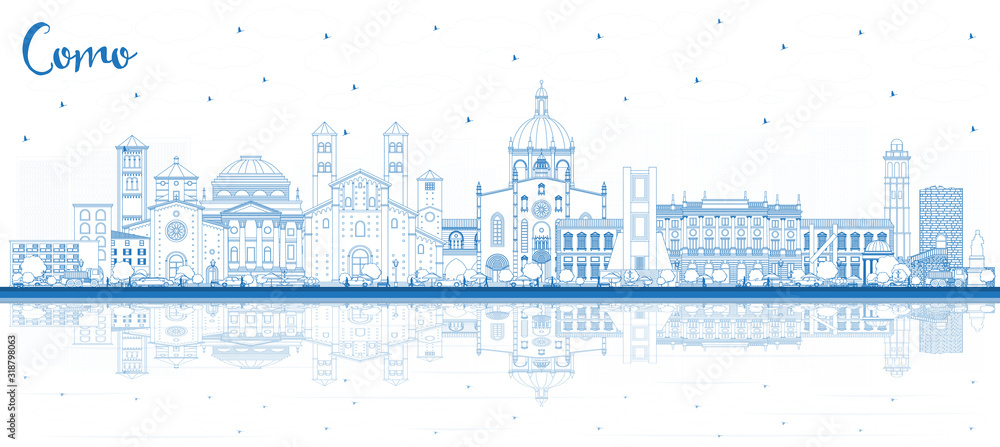 Outline Como Italy City Skyline with Blue Buildings and Reflections.