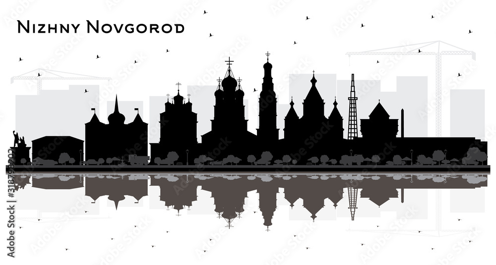 Nizhny Novgorod Russia City Skyline Silhouette with Black Buildings and Reflections Isolated on White Background.