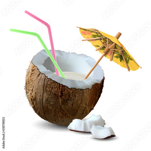 Half a coconut with milk and a few pieces of walnut on a white background. Highly realistic illustration.