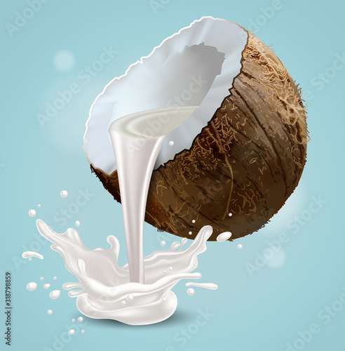 Coconut milk is poured from half a nut. Highly realistic illustration.