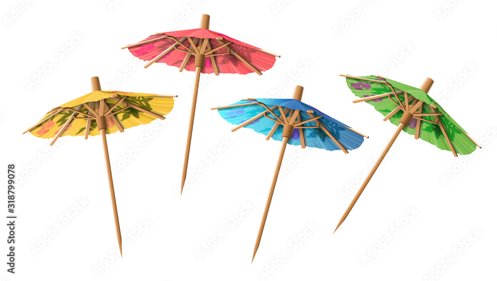 Set of four cocktail umbrellas in different colors. Highly realistic illustration.