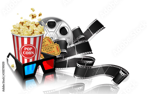 Advertising for the film industry. Film, popcorn, glasses and tickets on a white background. 3D vector. High detailed realistic illustration