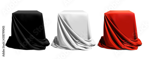 Three podiums are draped with silk of different colors. Highly realistic illustration.