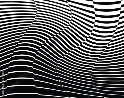  Abstract 3d background with optical illusion wave. Black and white horizontal lines with wavy distortion effect for prints, web pages, template, posters, monochrome backgrounds and pattern