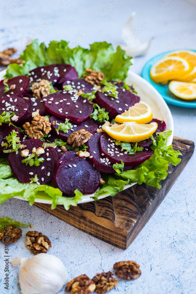 Cooked beetroot and walnut salad. Vegan healthy food Cooked beetroot and walnut salad. Vegan healthy food