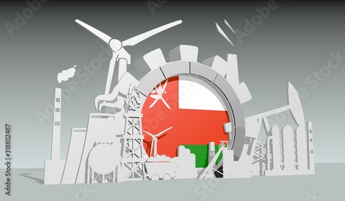 Energy and power industrial concept. Gear with flag of the Oman. Energy generation and heavy industry. 3D rendering.
