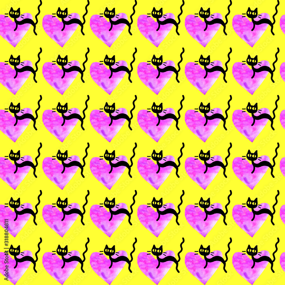 Fototapeta premium Cute seamless pattern with hearts and cats. Romantic texture for backgrounds, wrapping paper, packaging, greeting cards, prints, covers, fabric, textile, birthday, Valentine's Day