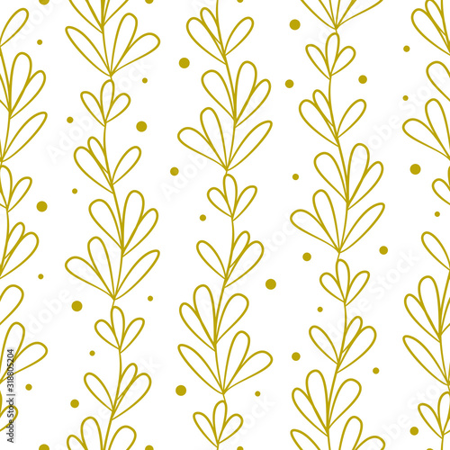 Vector seamless pattern with gold vertical branches and leaves on white background  abstract floral design for fabric  wallpaper  textile  web design.