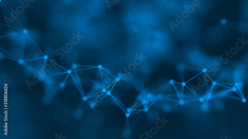 3D rendering abstract futuristic with connection glowing lines and particle on dark blue background, Science, Business, Comunication, Technology concept. Plexus structure. Illustration. copy space