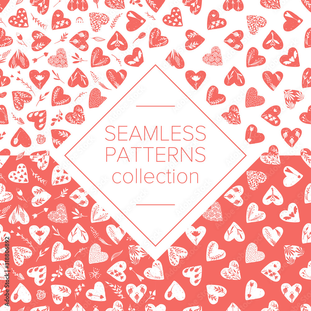 Vector collections of hand drawn hearts isolated on transparent background. Love valentines day clipart. Heart shape decorated floral elements: rose, tulip, key with wings, arrows. Seamless pattern