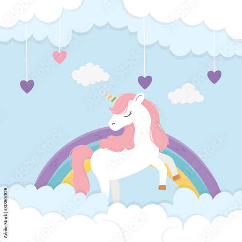 cute unicorn rainbow and hearts love clouds fantasy magic dream cartoon