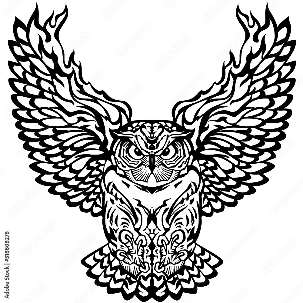 flying owl with open burning wings looking deep with a sharp gaze. Black and white tattoo. Front view vector illustration