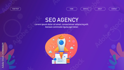 Digital marketing and seo agency for online business startup. Boost e-business with seo higher ranking concept. Web banner template, landing page.