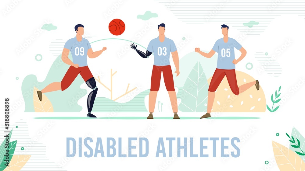 Disabled Athlete Trendy Flat Vector Banner, Poster Template. Injured Sportsman, Basketball Team Player with Hand, Leg Amputations Playing Ball and Running with Modern Robotic Prosthesis Illustration