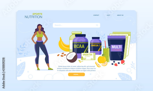 Sport Nutrition Complex for Women Landing Page. Vitamins and Minerals Supplements Assortment Online Order and Delivery Service. Green Tea, Smoothie, Powder, Pills. Vector Sports Food Illustration