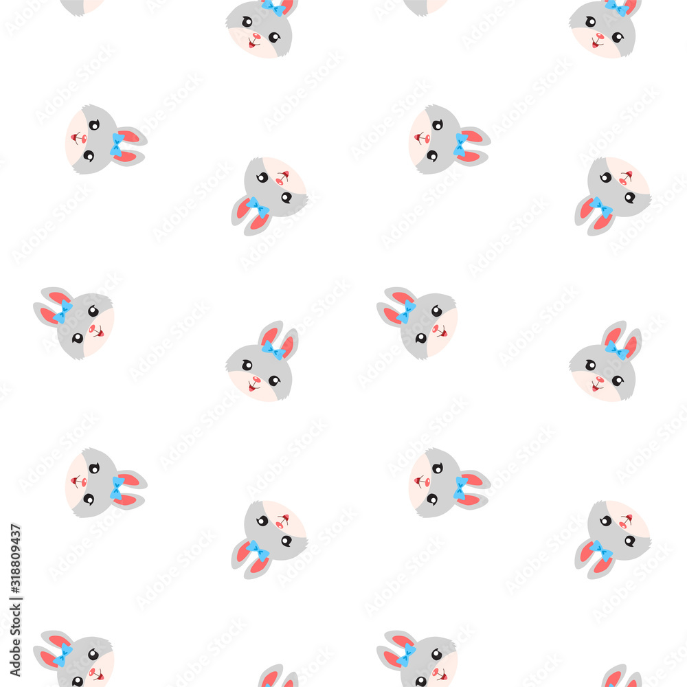  Seamless pattern with cute cartoon bunny faces on white background. Illustration in flat style. Vector 8 EPS.
