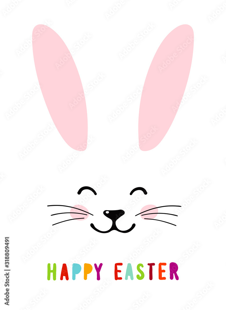 Happy easter. Holiday card with the head of a rabbit. Easter banner with a portrait of a cute bunny, cartoon character with pink ears. Vector illustration isolated on a white background. Happy easter. Holiday card with the head of a rabbit. Easter banner with a portrait of a cute bunny, cartoon character with pink ears. Vector illustration isolated on a white background.