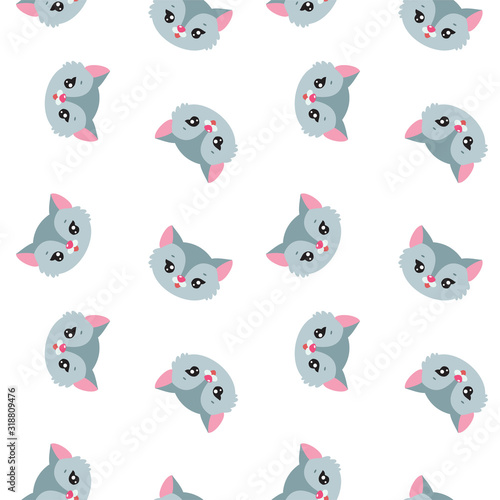 Seamless pattern with cute cartoon cat faces on white background. Illustration in flat style. Vector 8 EPS.
