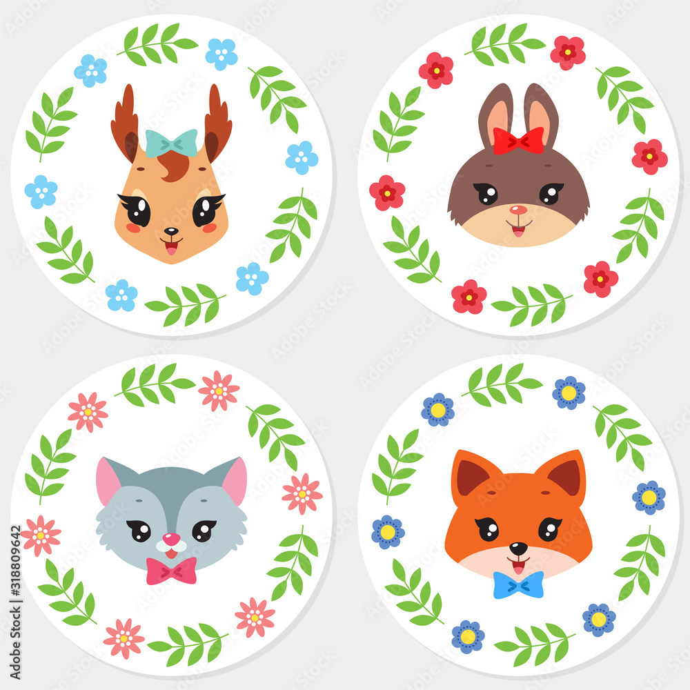 Fototapeta premium Cute cupcake toppers. Set of 4 cupcake toppers with cartoon illustrations of cute animal faces. Vector 8 EPS.