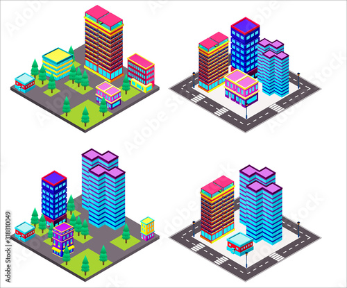 Isometric city, town, megapolis constructor. Illustration with skyscrapers, buildings. 3d icons and elements. Build your own city.