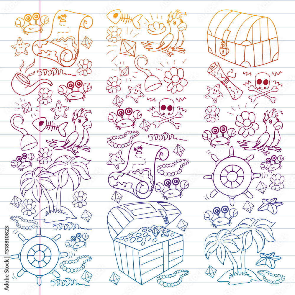 Fototapeta premium Vector set with pirate elements for birthday party for little children. Kids pattern with octopus, beach, treasure chest, ship