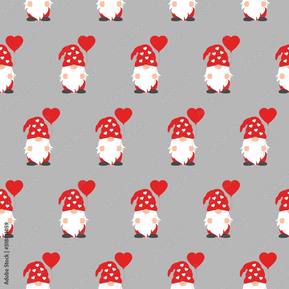 Seamless pattern with cute Valentine gnome holding heart balloon.