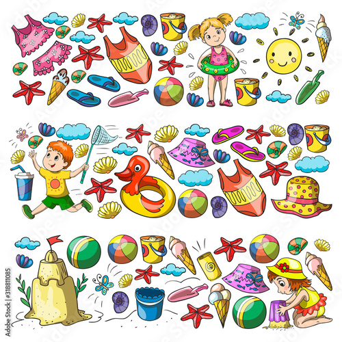 Vector pattern with little chilren. Family summer vacations. Beach, ocean, island, sun. Kids play. Swimming and relaxation.