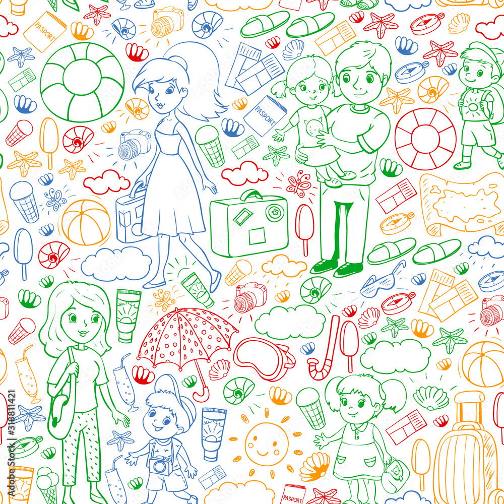 Vector pattern. Summer vacations. Little children. Happy family with kids. Travel and adventures. Beach, ocean, island, sun Vector pattern. Summer vacations. Little children. Happy family with kids. Travel and adventures. Beach, ocean, island, sun