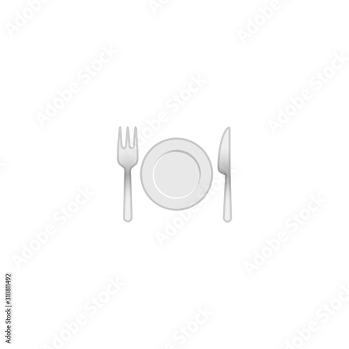 Fork and Knife with Plate Vector Icon. Restaurant Serving Table Isolated Realistic Illustration