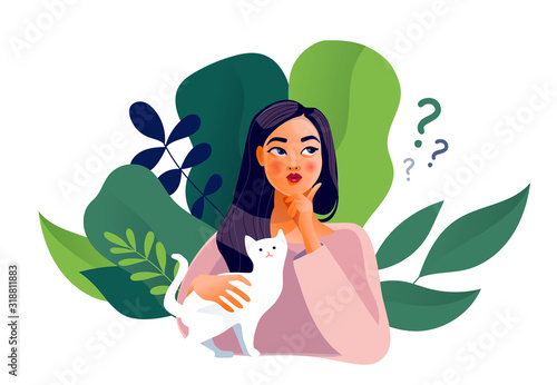 Thinking girl. Beautiful face, doubts, female problems, thoughts, emotions. Curious woman questioning, question mark. Vector illustration