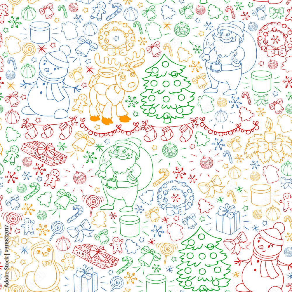 Merry Christmas and happy new year. Santa Claus, deer, snowman, penguin. Vector pattern. Merry Christmas and happy new year. Santa Claus, deer, snowman, penguin. Vector pattern.
