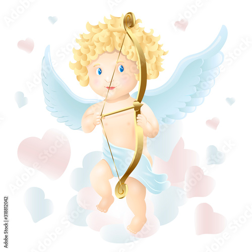 Cute lovely Cupid Vector Valentine Day Card. Shoots A Bow. Soft Cartoon Illustration