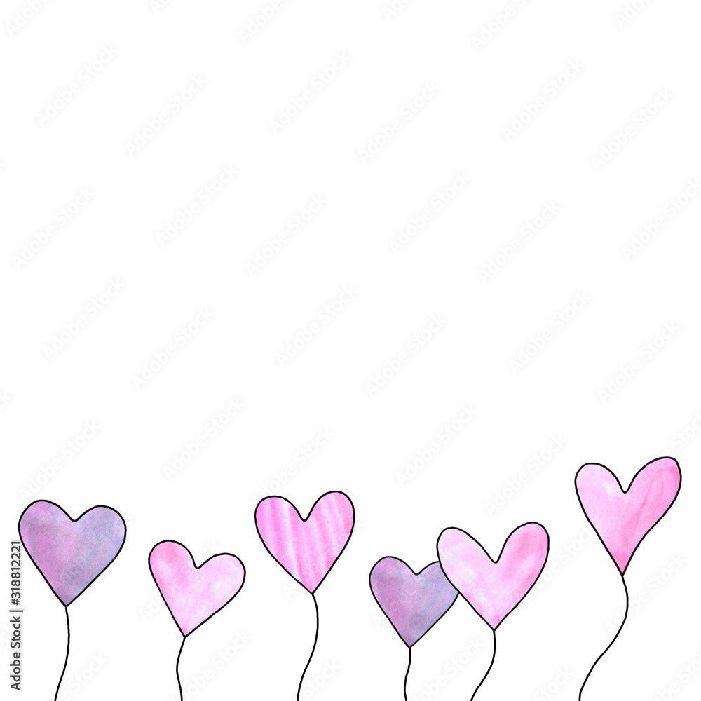 Pink watercolor hearts isolated on white background. Hand drawn balloons along bottom edge. Simple illustration for birthday, Valentines Day, greeting card, mothers Day, declaration of love, web Pink watercolor hearts isolated on white background. Hand drawn balloons along bottom edge. Simple illustration for birthday, Valentines Day, greeting card, mothers Day, declaration of love, web