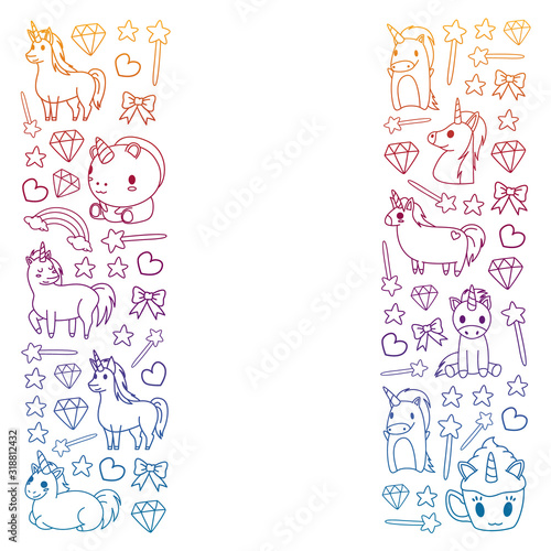 Children pattern with fairy tale unicors for kids clothes, posters, banners, shirts. Vector image with cartoon character.