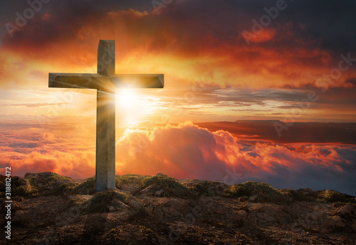 Fotografie, Obraz Crucifixion of jesus christ  cross at sunset