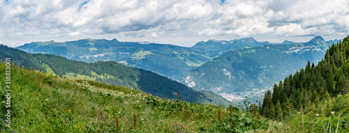 Switzerland  Panoramic view on green Alps near Schynige Platte  Saxeten valley