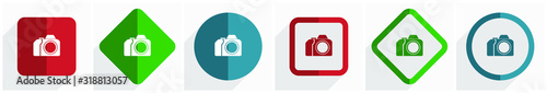 Photo camera, photography icon set, flat design vector illustration in 6 options for webdesign and mobile applications in eps 10