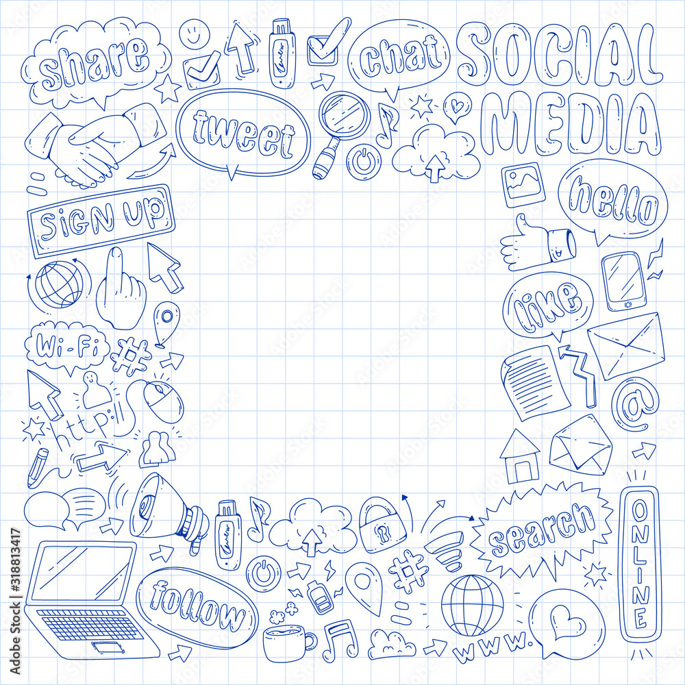 Social media, business, management vector icons. Internet marketing, communications. Social media, business, management vector icons. Internet marketing, communications.