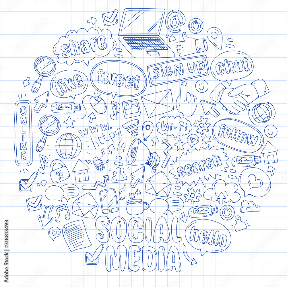 Social media, business, management vector icons. Internet marketing, communications.